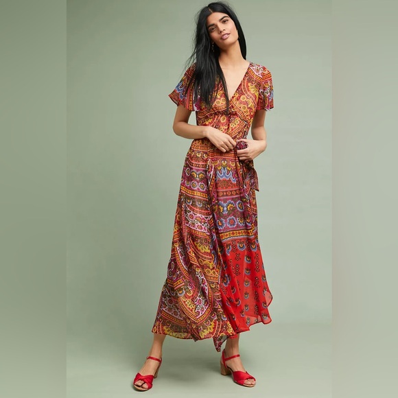 Anthropologie Dresses & Skirts - Anthropologie Red Paisley Boho Wrap Maxi Dress